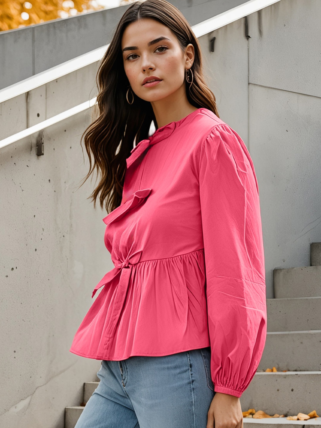 

H&M Bow Long Sleeve Tops, Pink