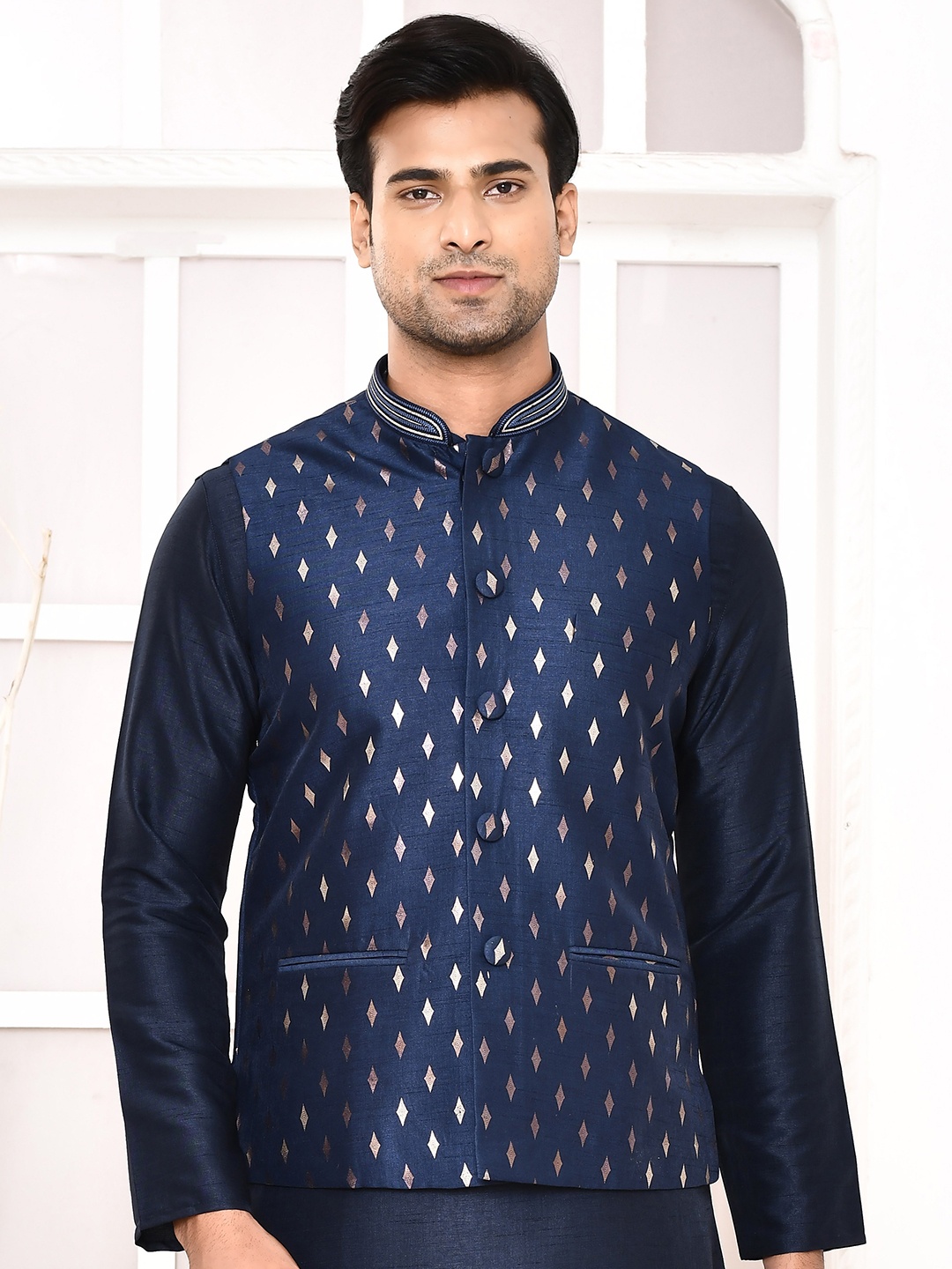 

MAAHI FABS Mandarin Collar Regular Kurta With Churidar With Geometric Printed Nehru Jacket, Blue