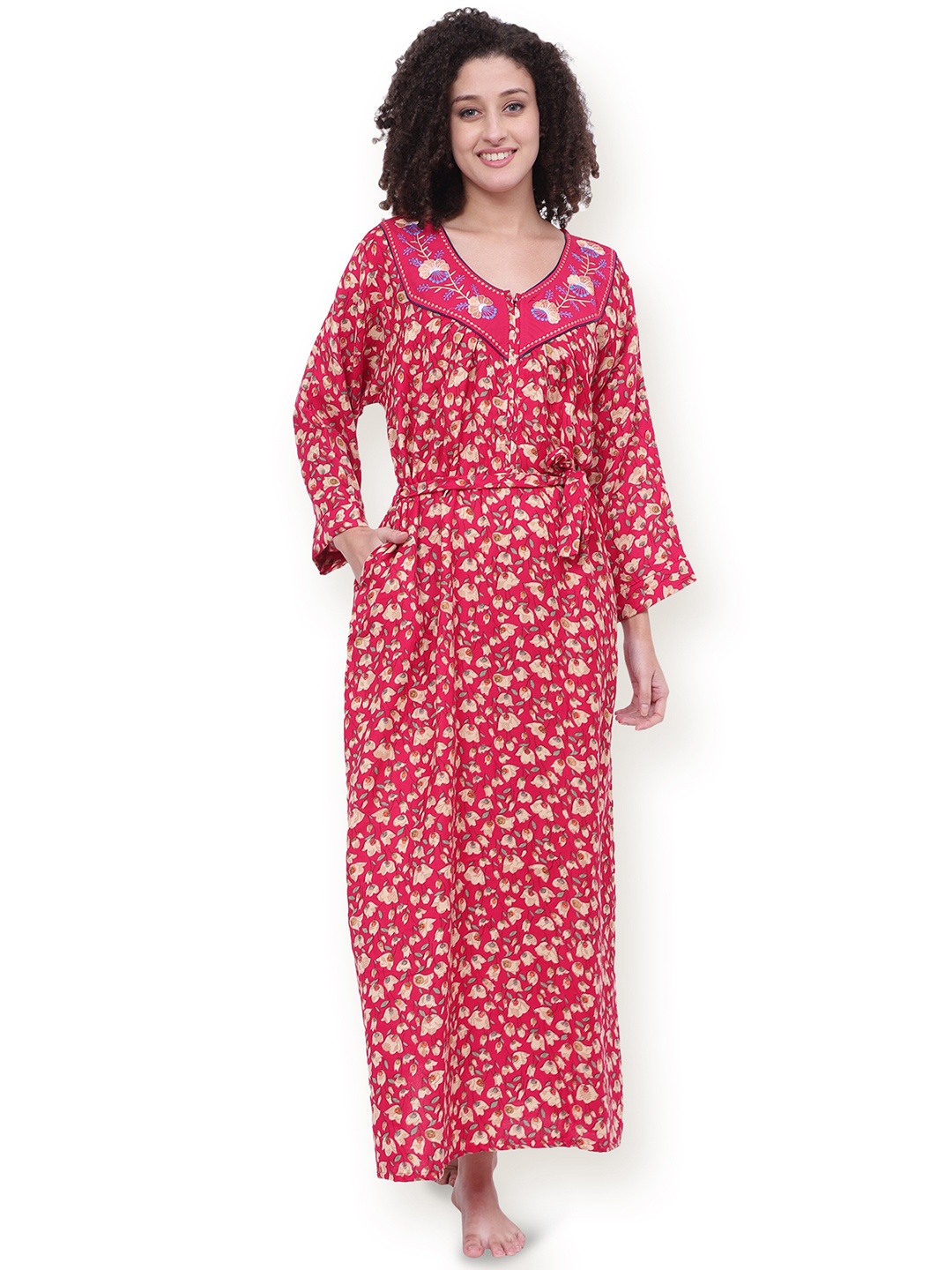 

Noty Floral Printed Long Sleeves Maxi Nightdress, Red