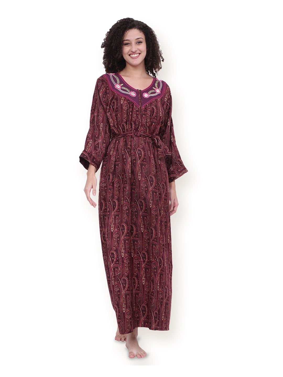 

Noty Women Printed Round Neck Maxi Nightdress, Maroon