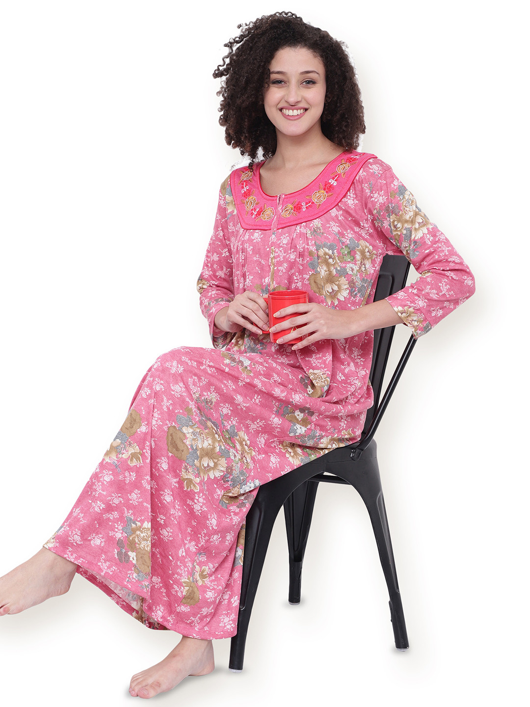 

Noty Women Printed Round Neck Maxi Nightdress, Pink