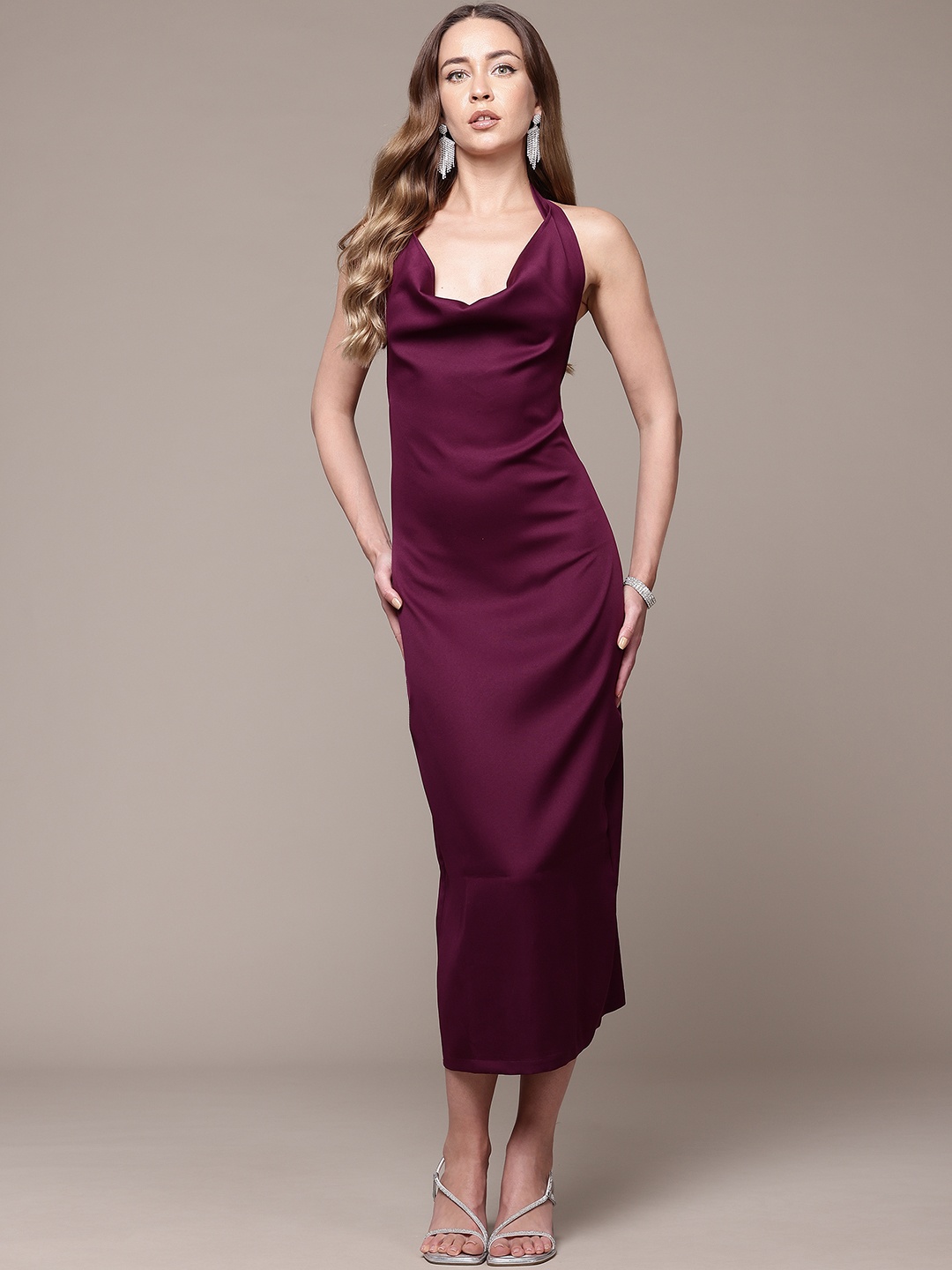 

bebe Cowl-Neck Backless Sheath Dress, Burgundy