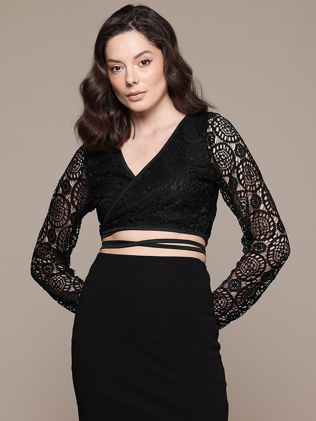 

bebe Dose of Vitamin Criss-Cross Tie-Up Lace Wrap Crop Top, Black