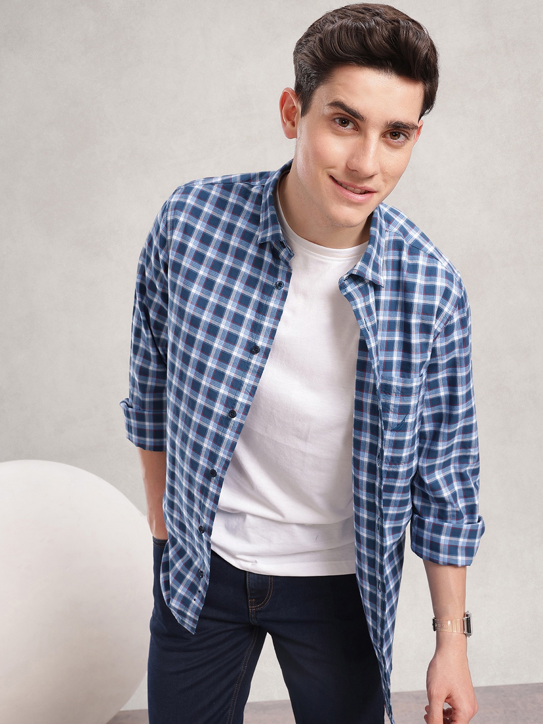

Nautica Pure Cotton Classic Fit Tartan Checks Opaque Casual Shirt, Blue