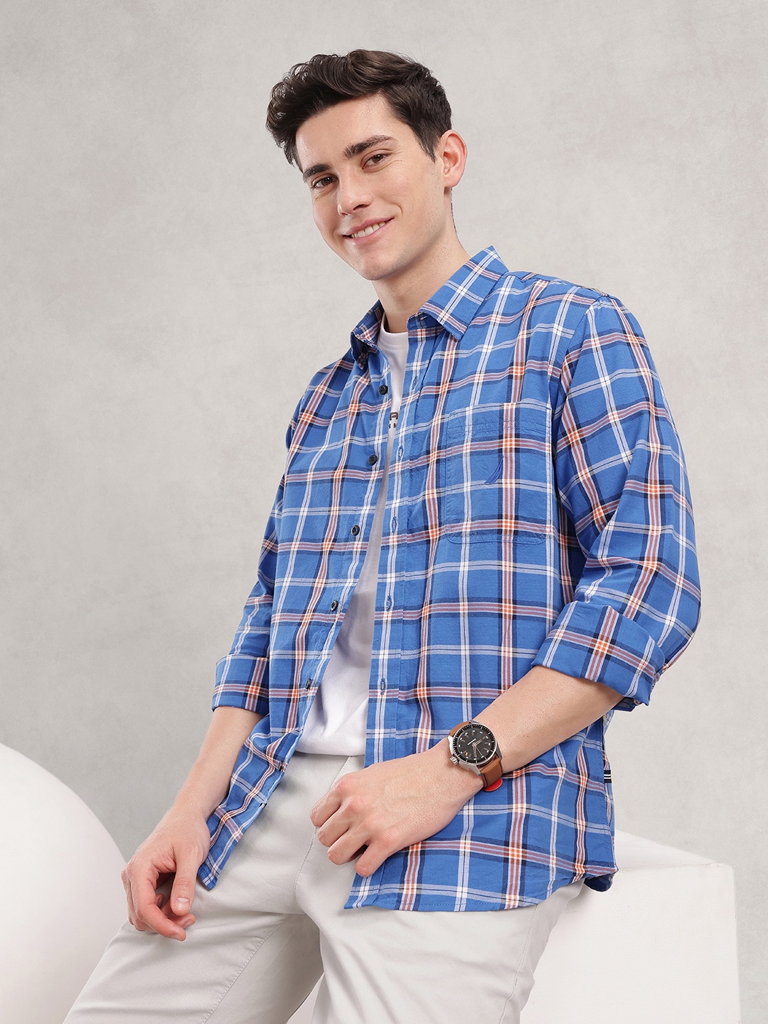 

Nautica Slim Fit Checked Button-Down Collar Pure Cotton Casual Shirt, Blue