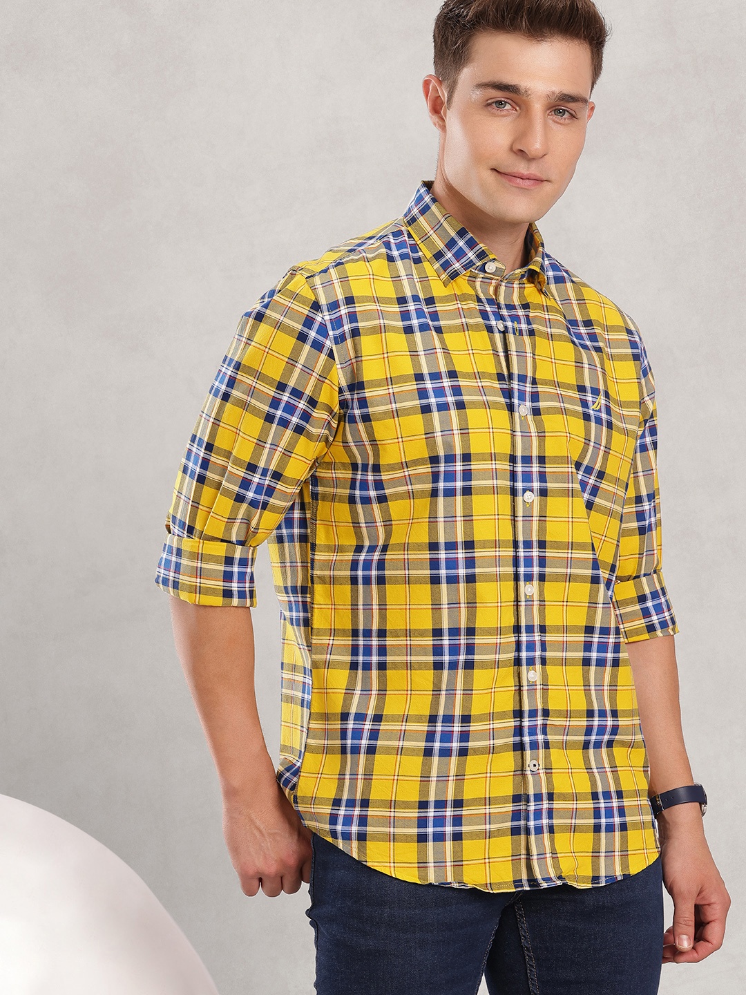 

Nautica Pure Cotton Classic Fit Checked Casual Shirt, Yellow