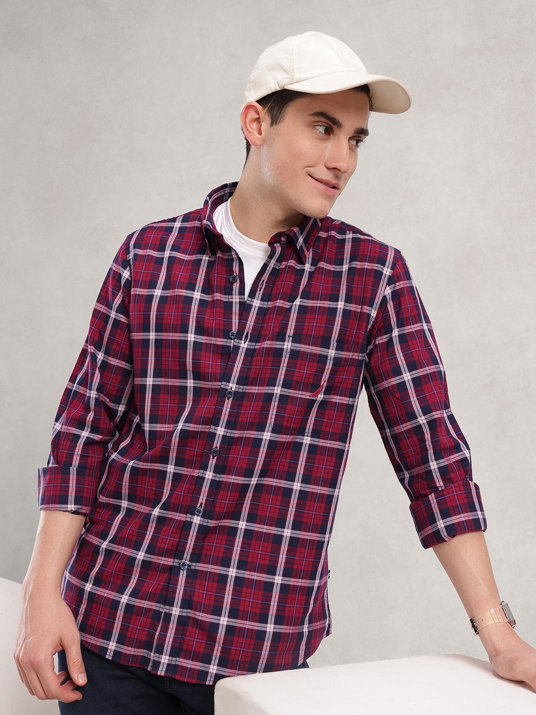 

Nautica Pure Cotton Slim Fit Opaque Checked Casual Shirt, Red