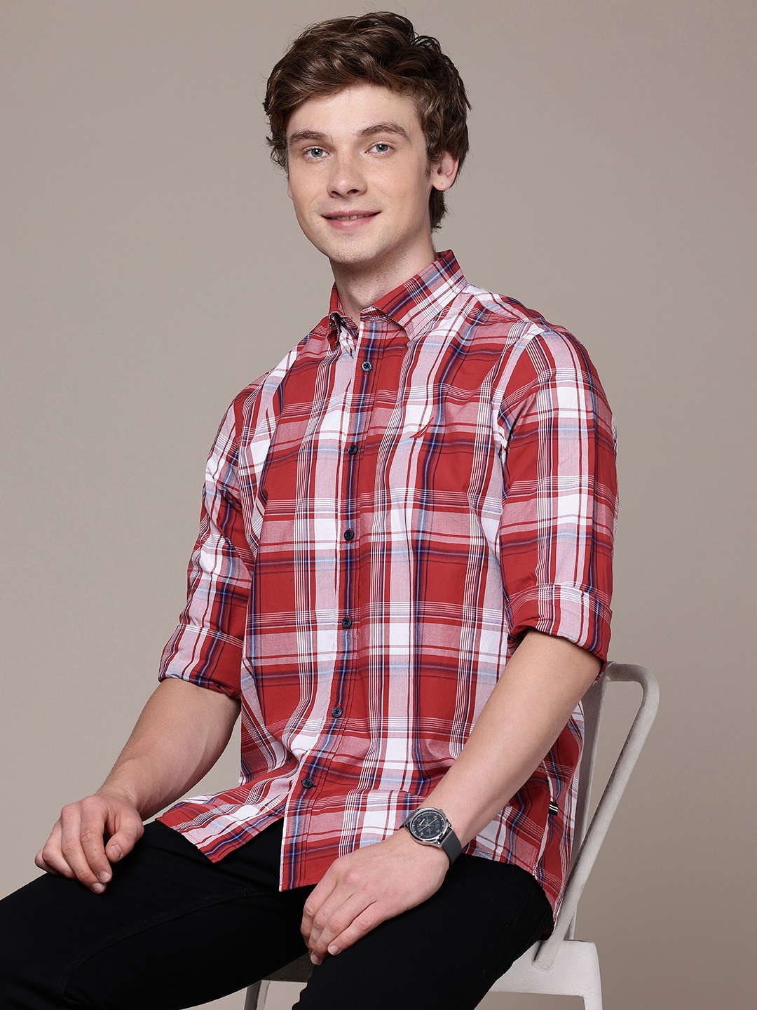 

Nautica Pure Cotton Classic Fit Tartan Checked Casual Shirt, Red