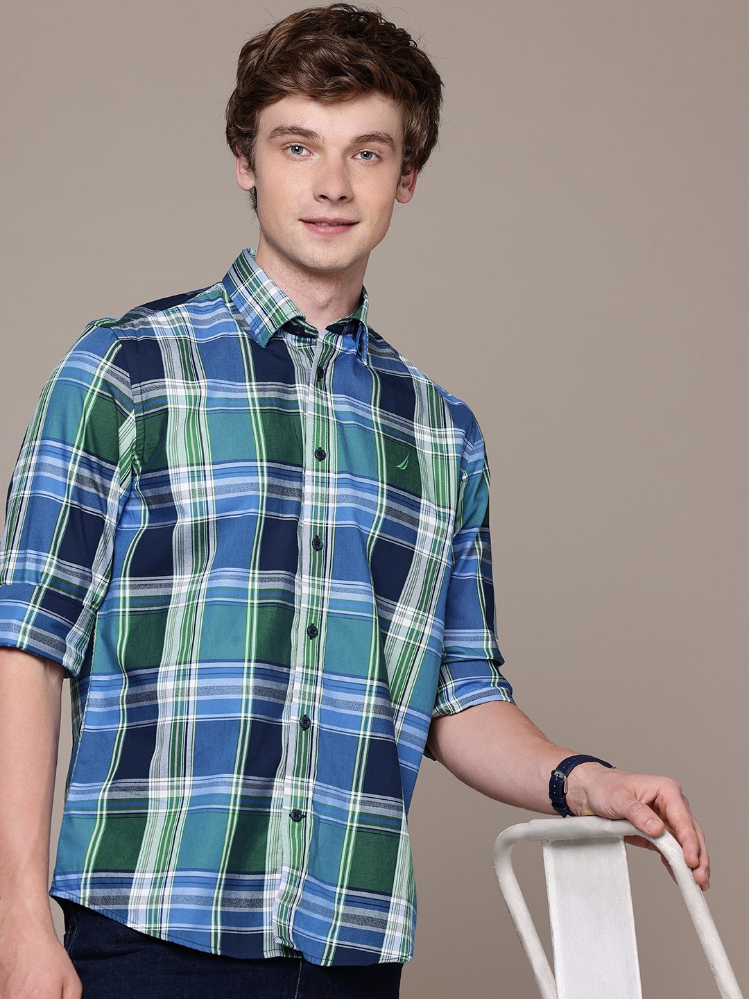 

Nautica Pure Cotton Classic Fit Tartan Checked Casual Shirt, Blue