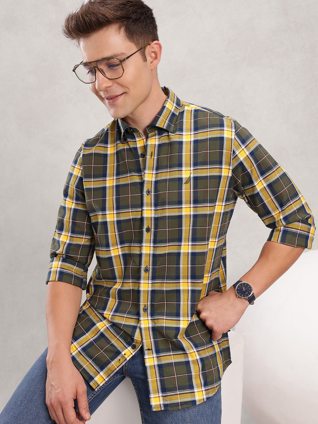 

Nautica Pure Cotton Classic Fit Checked Casual Shirt, Yellow