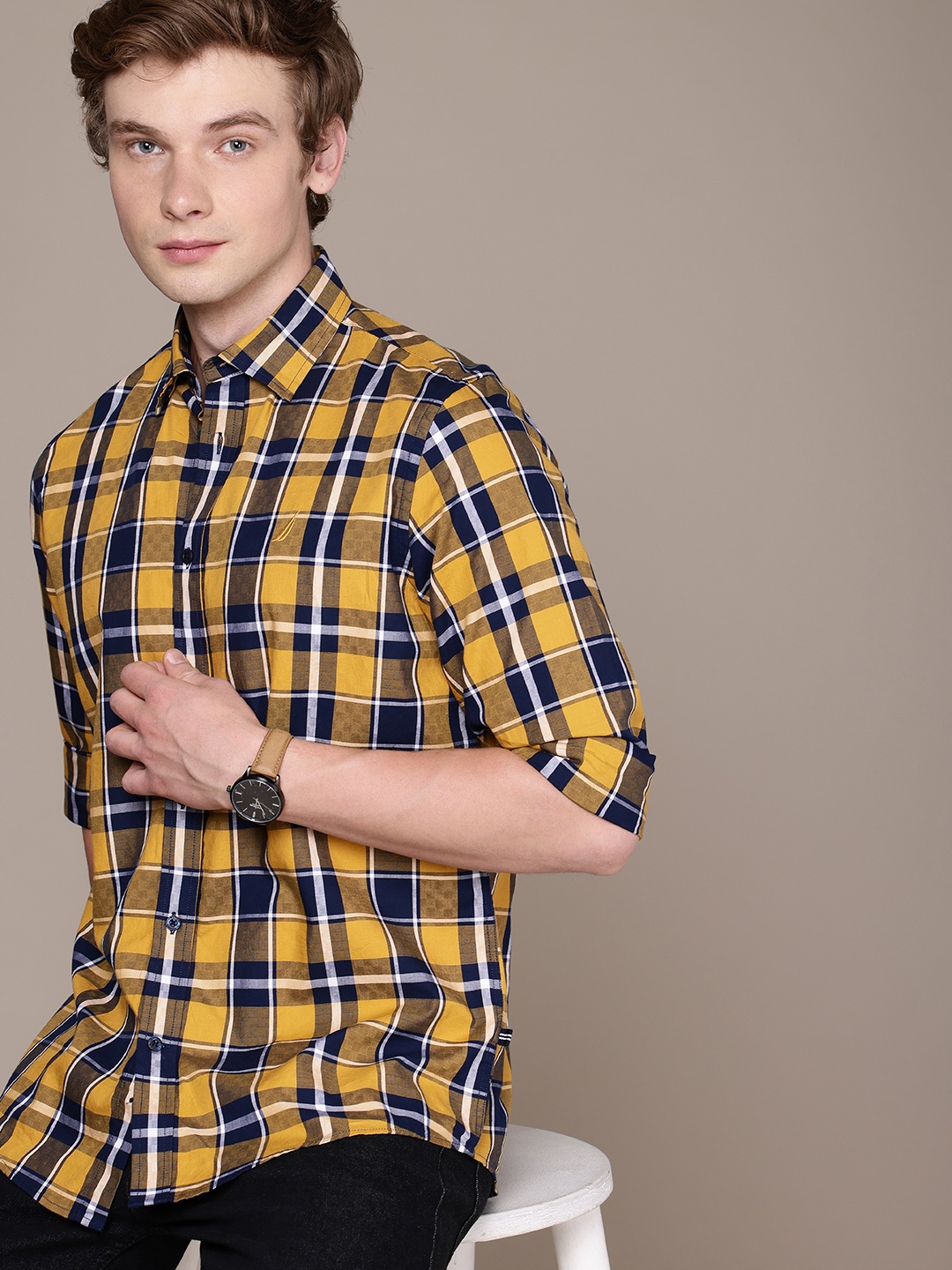 

Nautica Pure Cotton Classic Tartan Checked Casual Shirt, Yellow