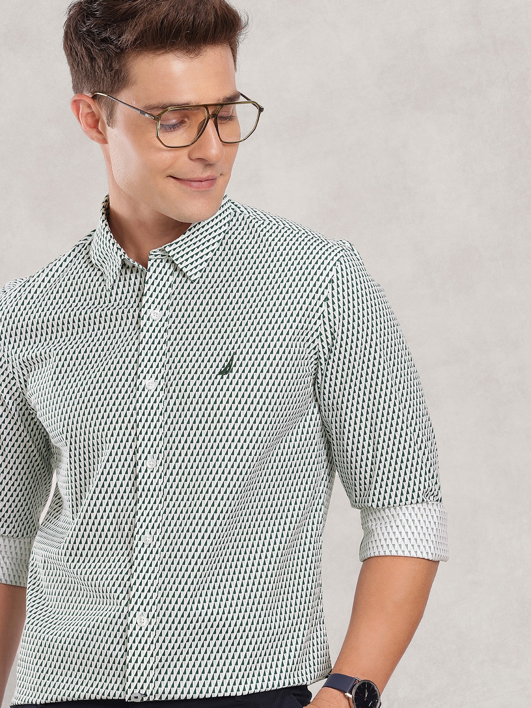 

Nautica Slim Fit Geometric Printed Casual Shirt, White