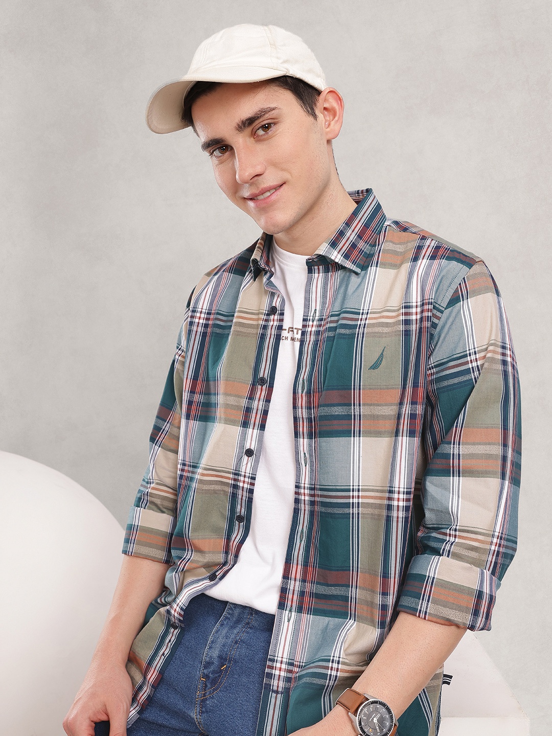 

Nautica Classic Checked Button-Down Collar Pure Cotton Casual Shirt, Multi