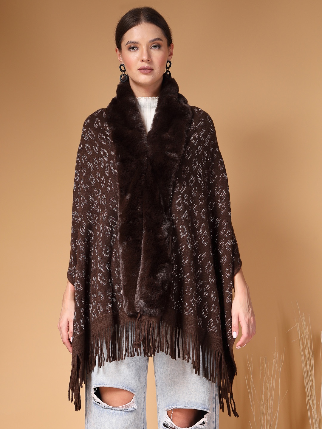 

Mafadeny Women Printed V - Neck Poncho Sweater, Brown