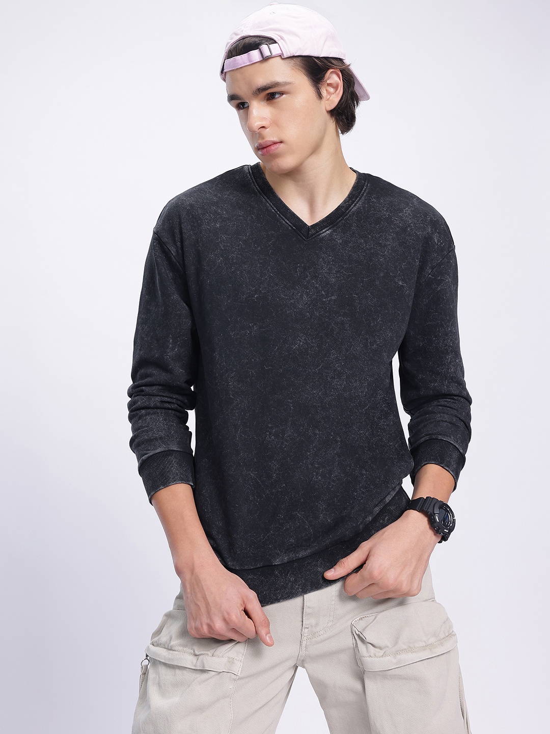 

Kook N Keech Faded Night Washed Effect V-Neck Pullover, Charcoal