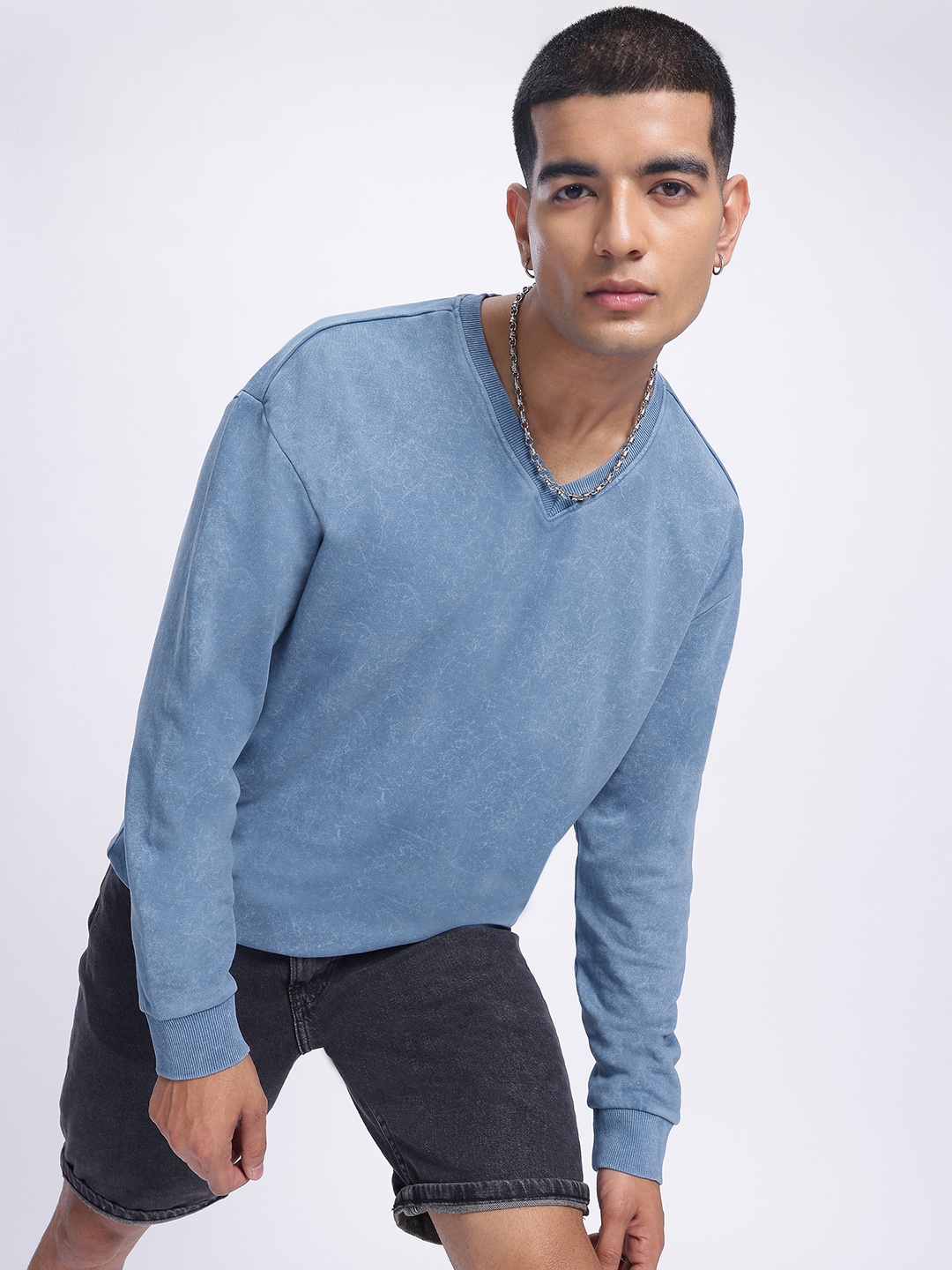 

Kook N Keech Ink Spill Washed V-Neck Pullover, Blue