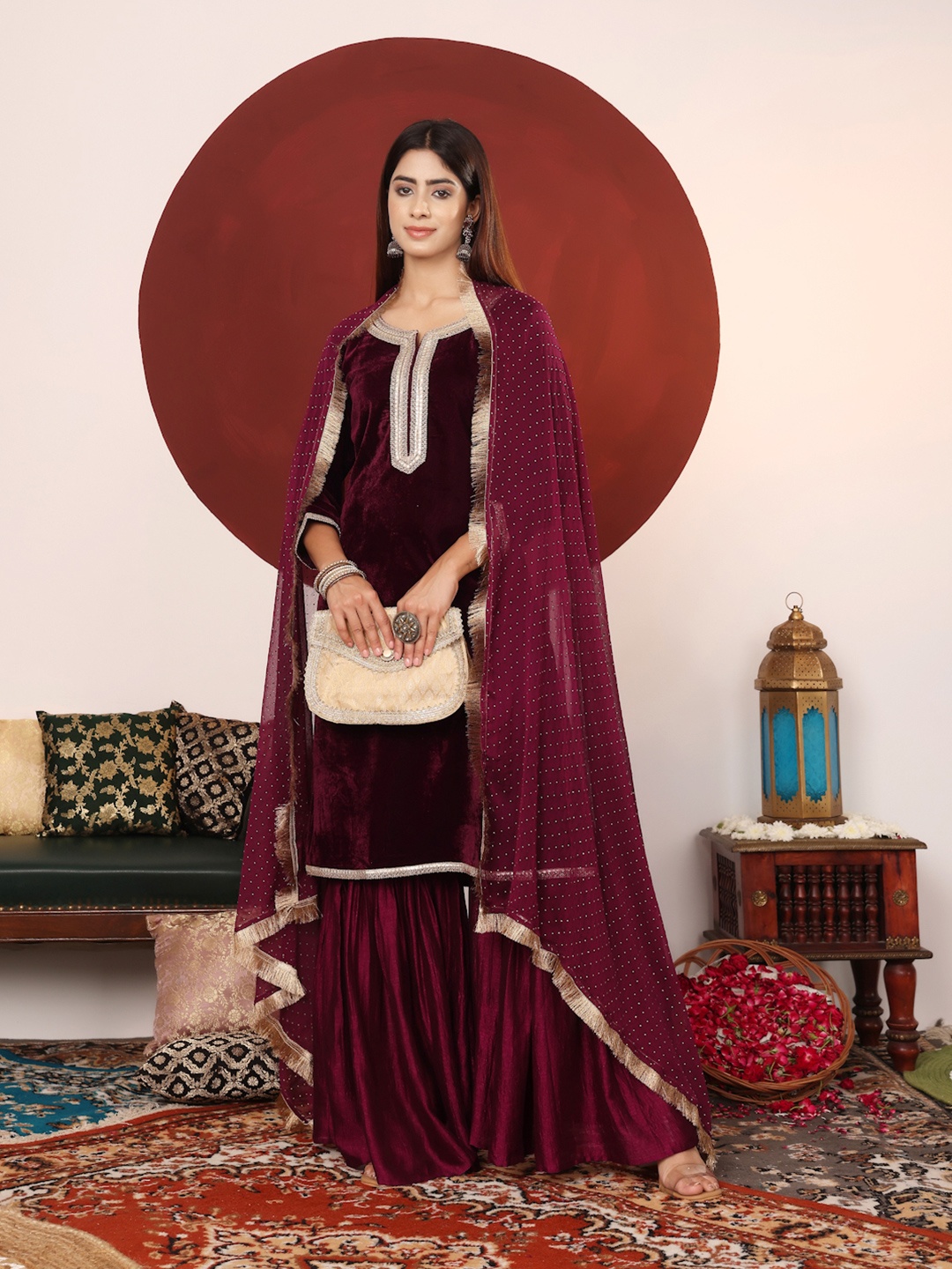 

Varanga Women Zari & Sequin Embroidered Neck Velvet Winter Kurta with Sharara & Dupatta, Purple