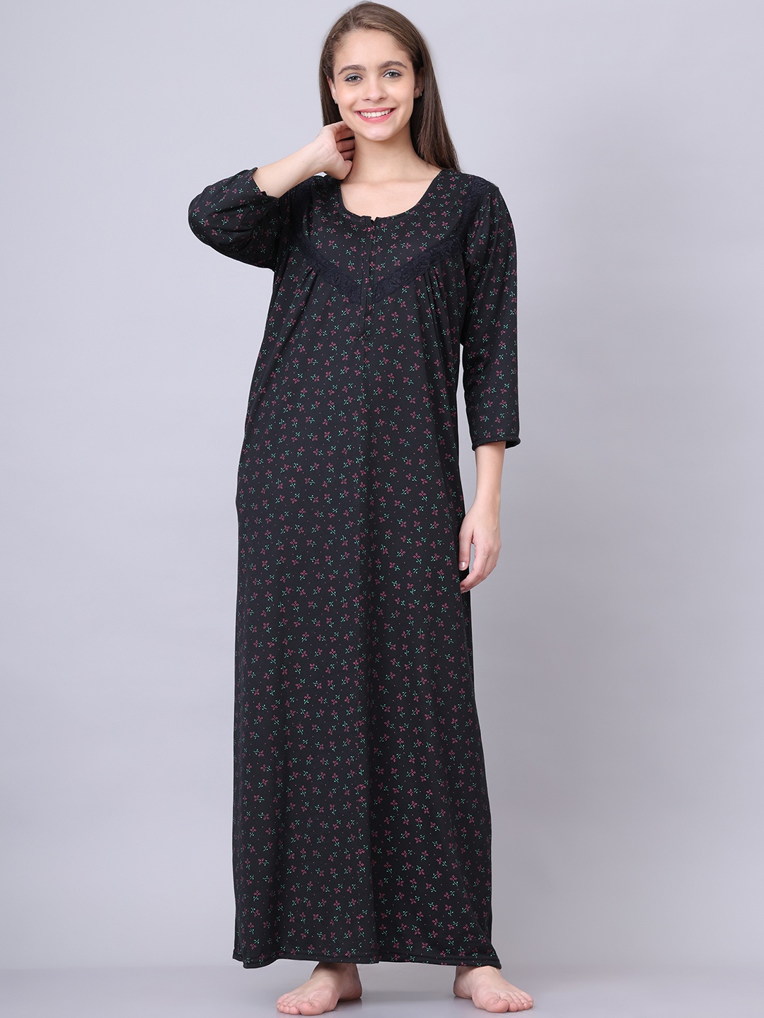 

Aartej Women Printed Maxi Nightdress, Black