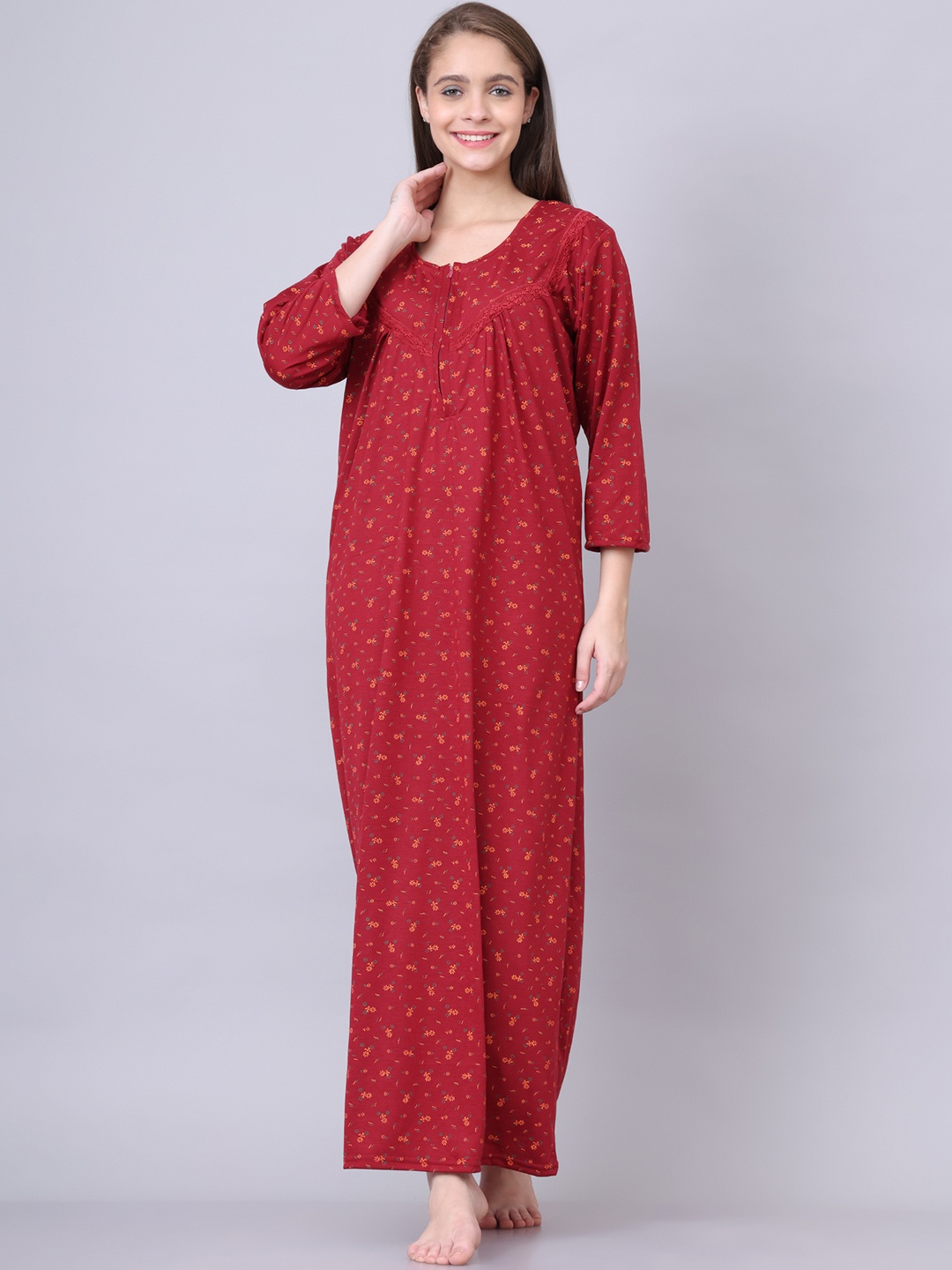 

Aartej Floral Printed Long Sleeves Maxi Pure Cotton Nightdress, Maroon
