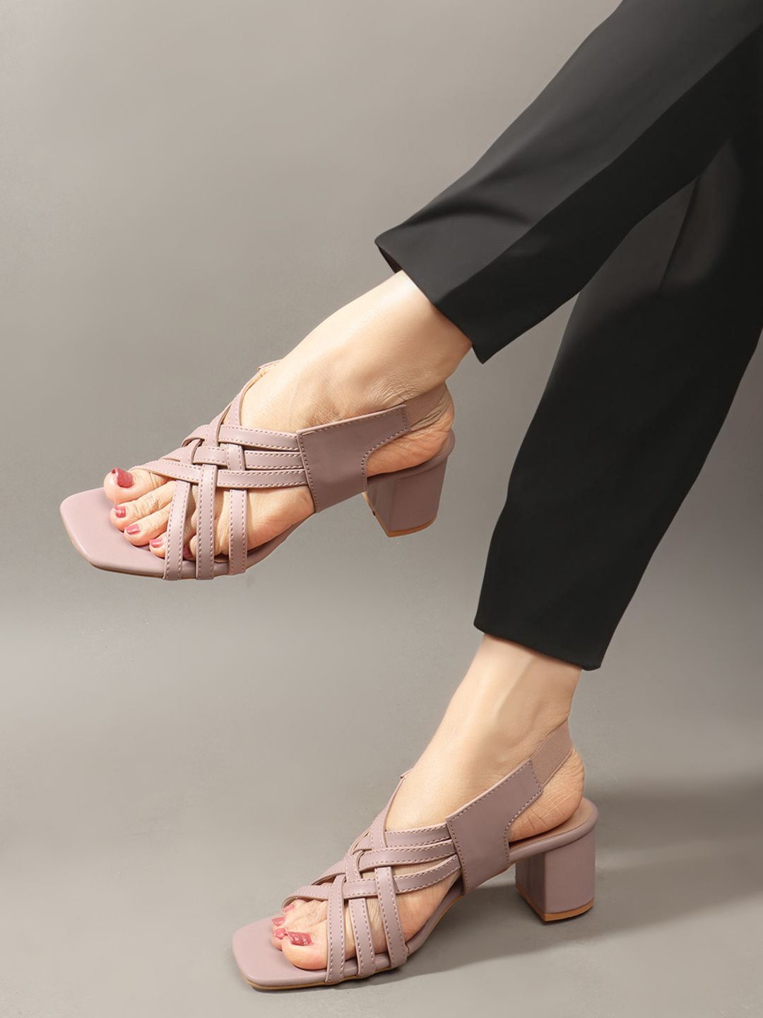 

Mast & Harbour Women Block Sandals with Laser Cuts, Nude