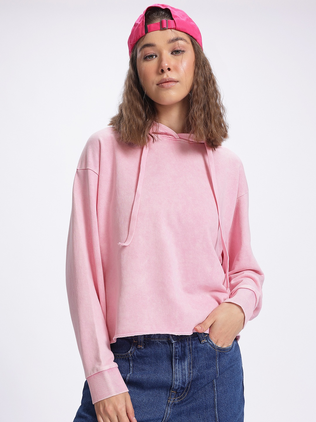 

DressBerry Everyday Edge Dyed Raw Hem Hooded Sweatshirt, Pink