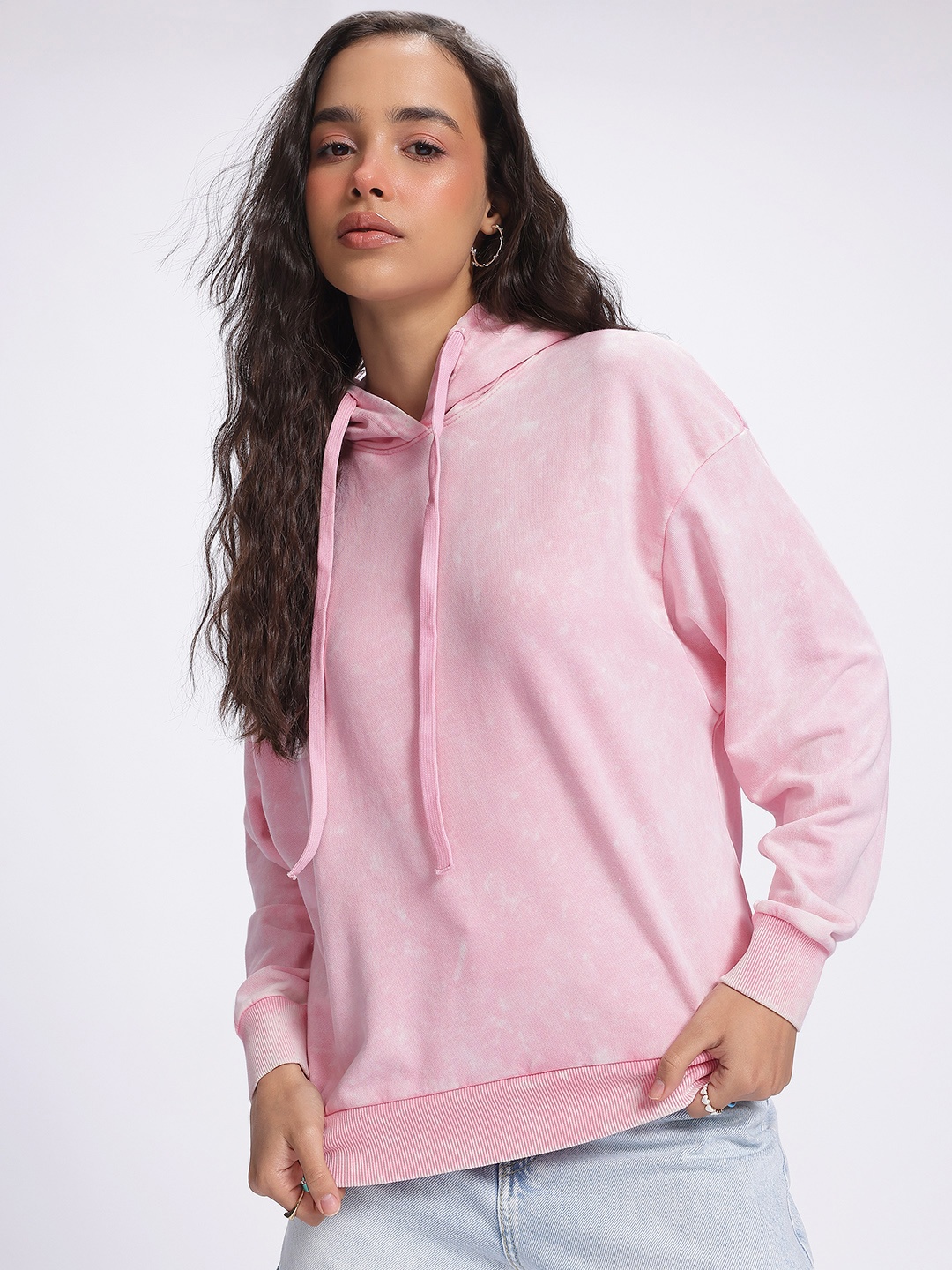 

DressBerry Everyday Edge Dyed Drop-Shoulder Hooded Sweatshirt, Pink