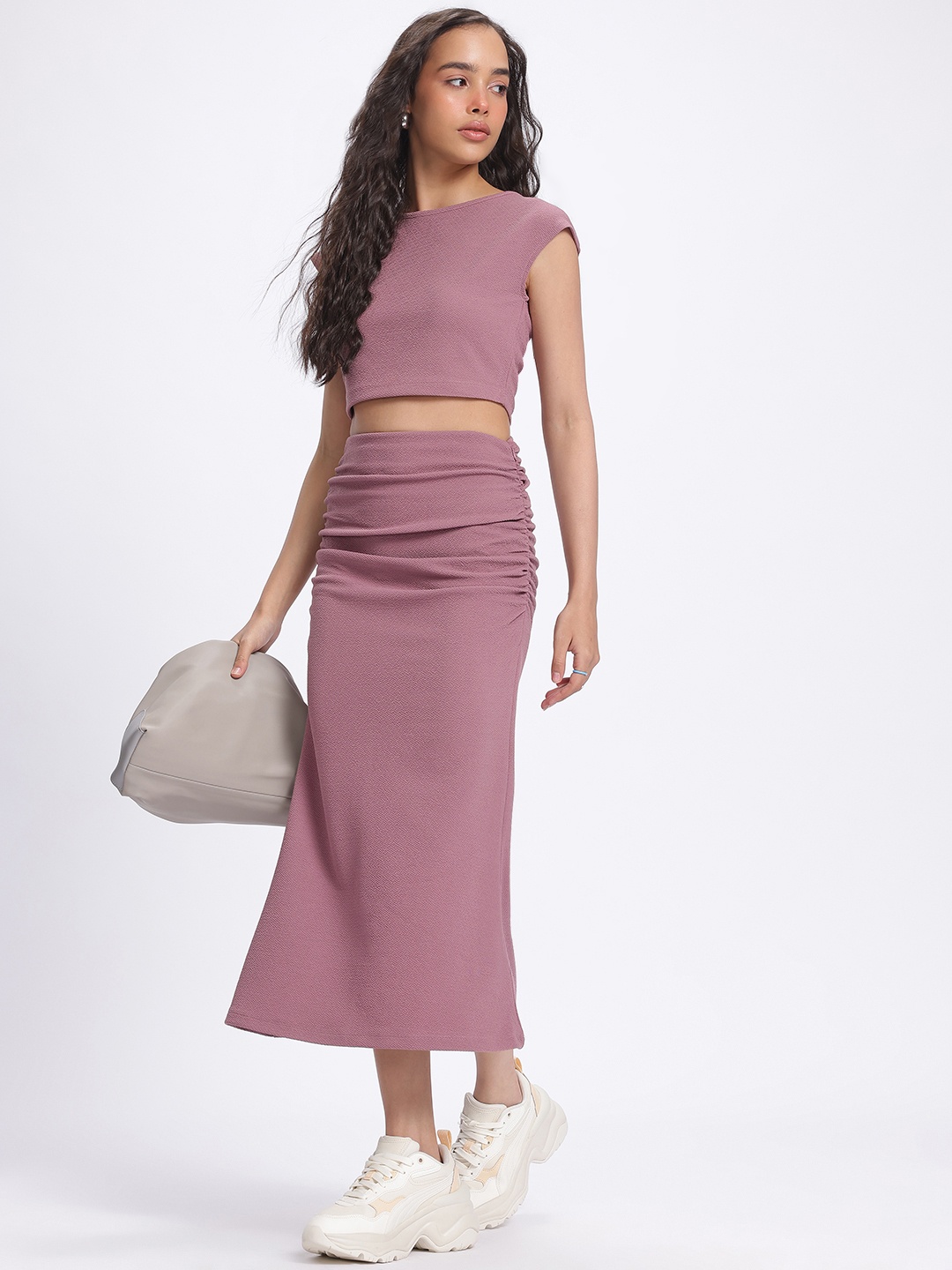 

DressBerry Adorable Allure Ruched Detail Textured Crop Co-Ords, Mauve