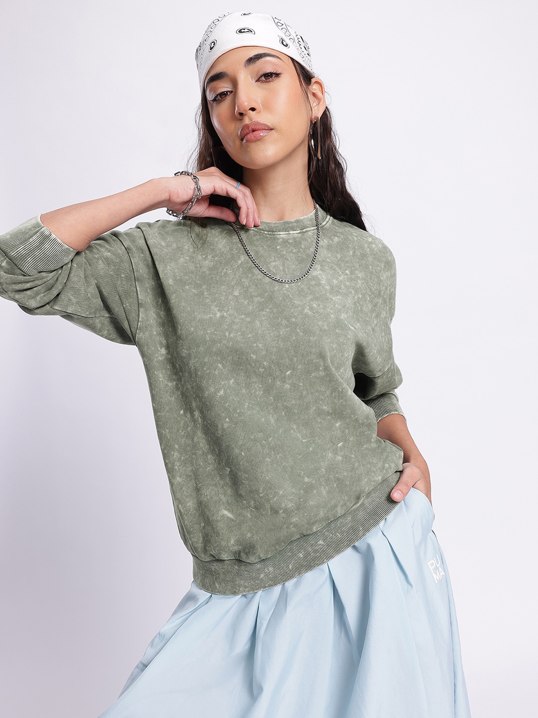 

DressBerry Army Chic Tie-Dye Washed Effect Drop-Shoulder Sleeves Pullover, Green