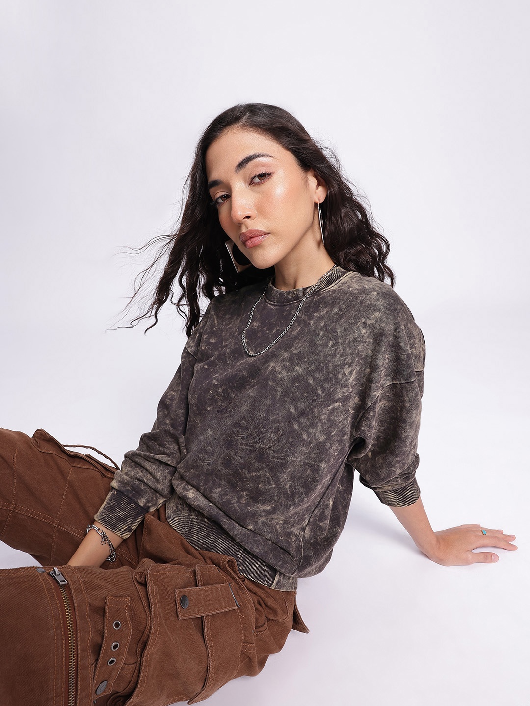 

DressBerry Tie-Dye Washed Effect Drop-Shoulder Sleeves Pullover, Charcoal