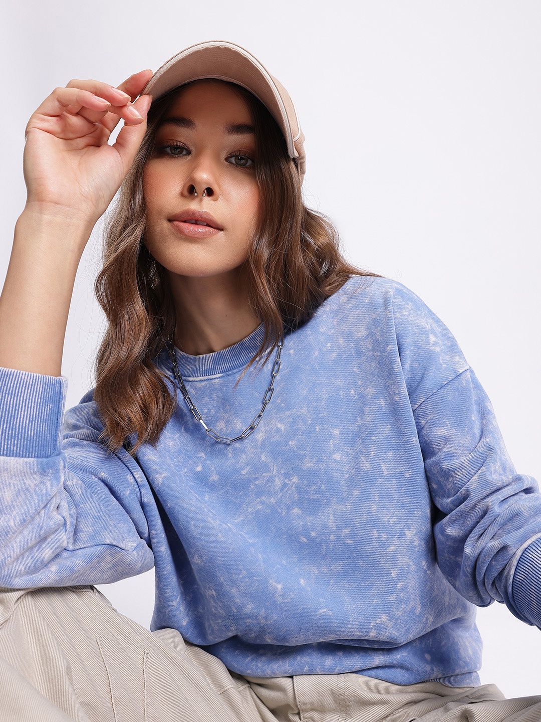 

DressBerry Tie-Dye Washed Effect Drop-Shoulder Sleeves Pullover, Blue