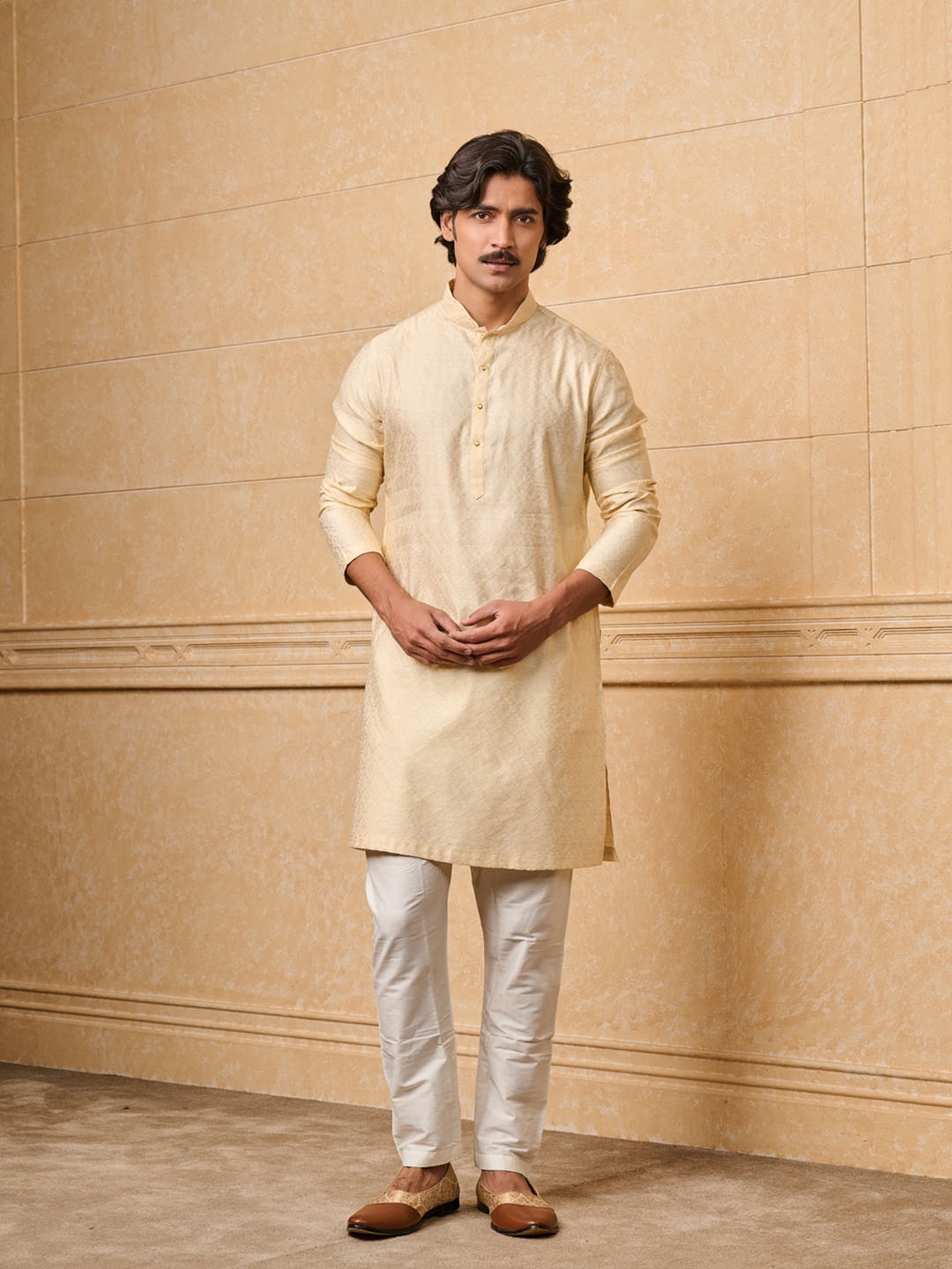 

Tasva Ethnic Motifs Self Design Mandarin Collar Regular Straight Kurta With Trouser, Cream