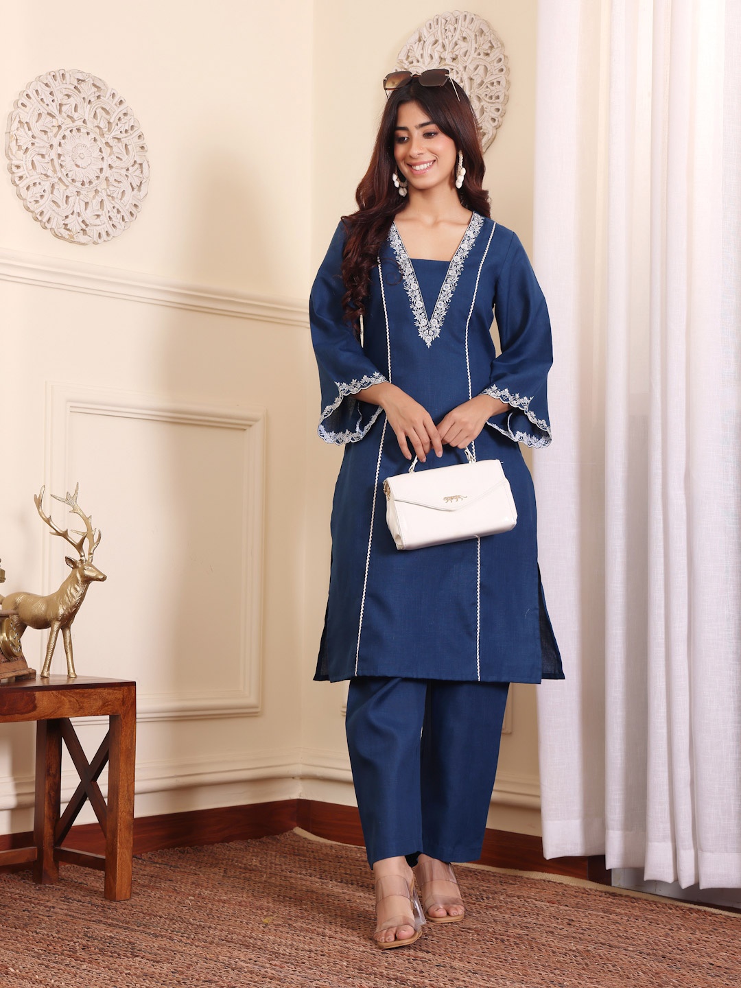 

Varanga Women Embroidered Panelled Thread Work Kurta&Palazzos, Navy blue