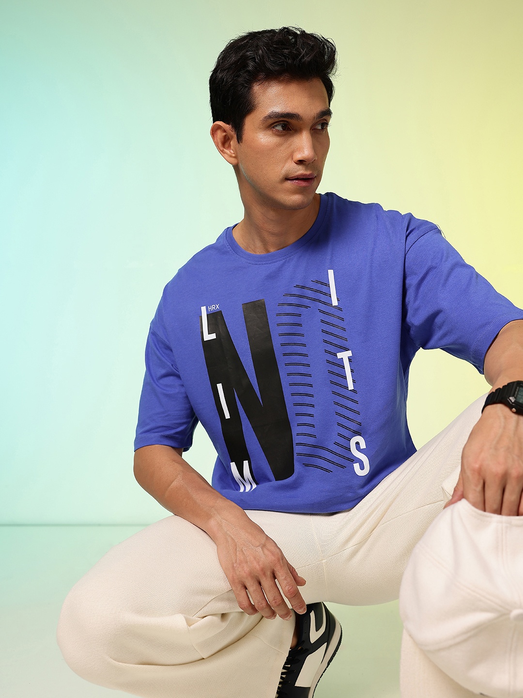 

HRX by Hrithik Roshan Men Typography Printed Drop-Shoulder Sleeves Pure Cotton T-shirt, Blue