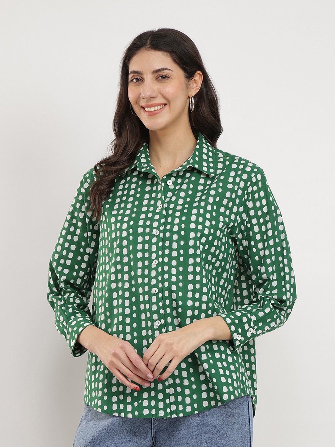 

Pink Fort Women Polka Dots Printed Shirt Collar Cotton Top, Green