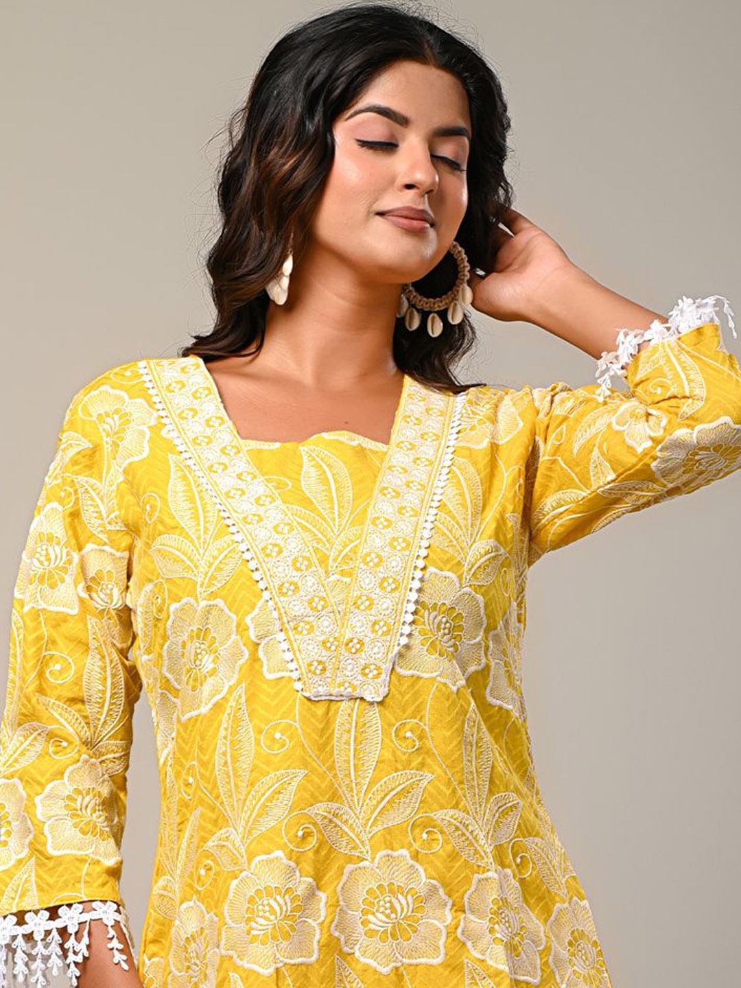 

Indo Era Embroidered Square Neck Pure Cotton Tunic With Trouser, Mustard