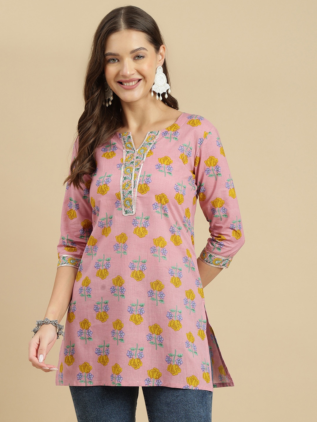 

JANAKDULARI CREATION Women Floral Printed Pure Cotton Kurti, Peach