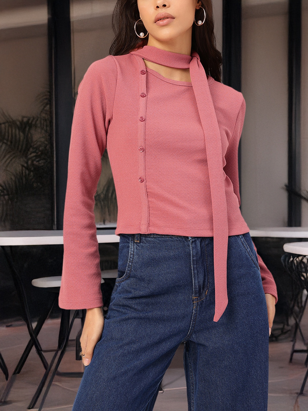 

DressBerry Street Texture Button Detail Scarf Neck Top, Rose