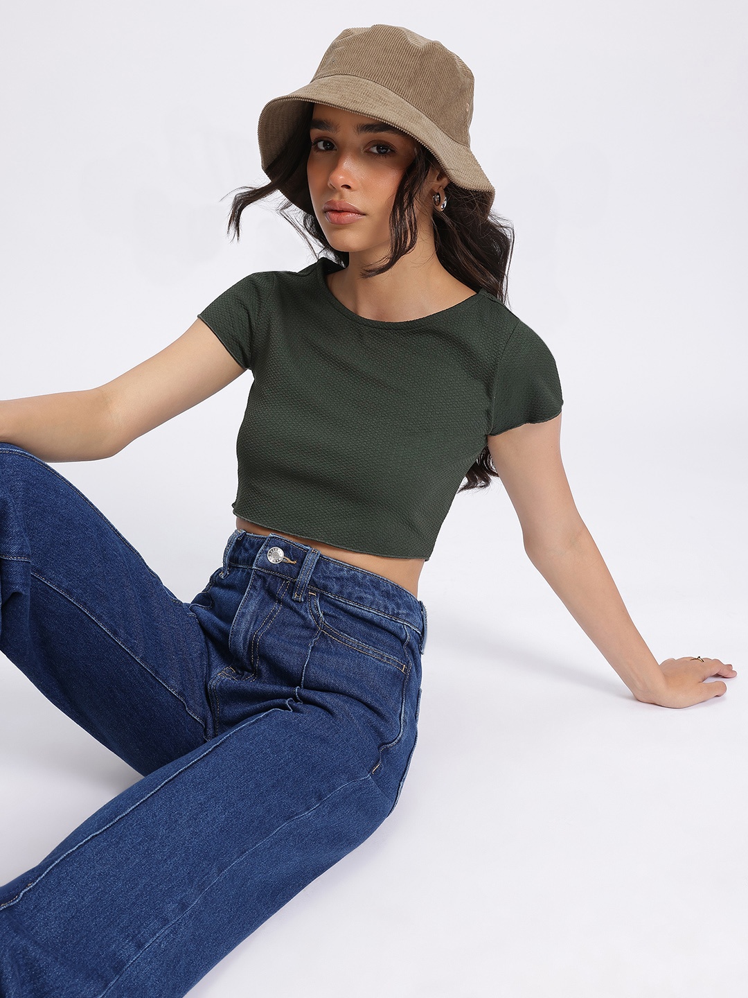 

DressBerry Minimalist Muse Textured Crop Top, Olive