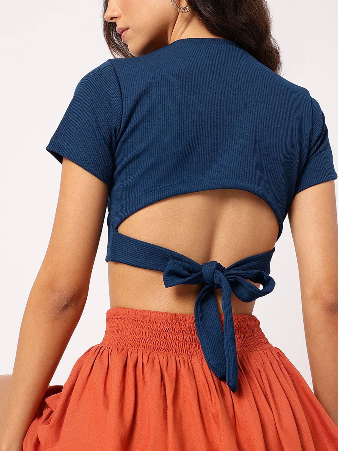 

DressBerry Ribbed Rebel Open Tie-Up Back Crop Top, Navy blue