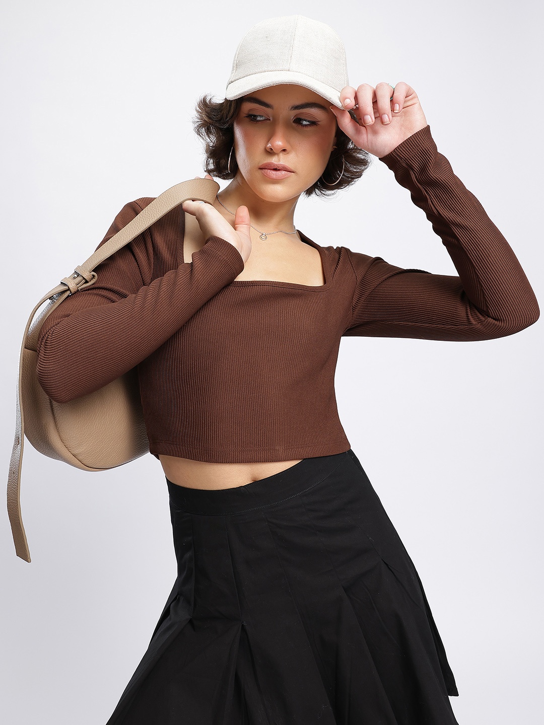 

DressBerry Cutie Couture Ribbed Crop Top, Brown