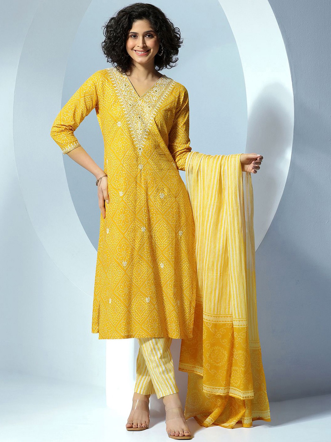 

Libas Women Bandhani Printed Pure Cotton Kurta with Trousers & Dupatta, Mustard