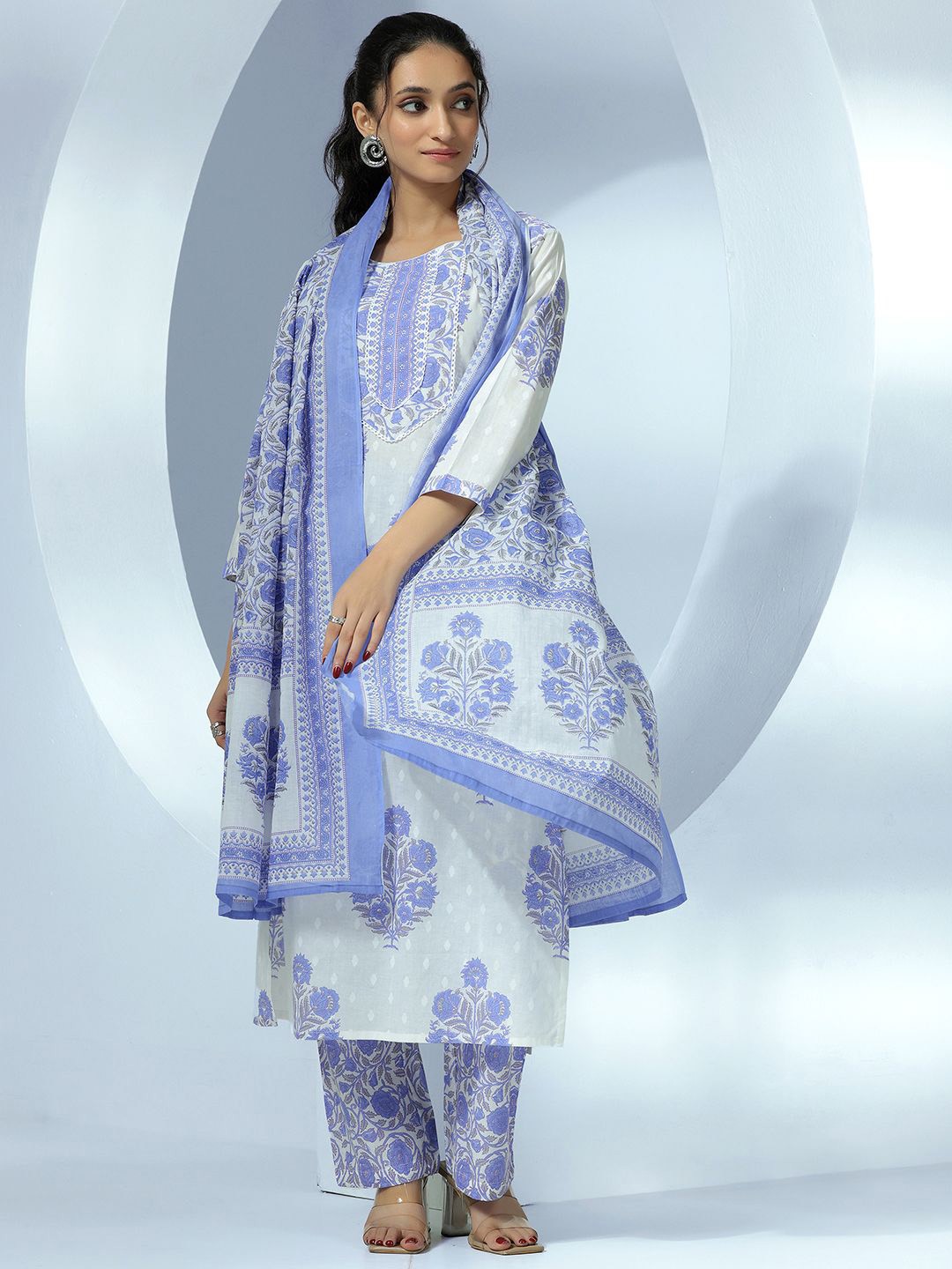 

Libas Women Printed Regular Thread Work Pure Cotton Kurta with Trousers & With Dupatta, White