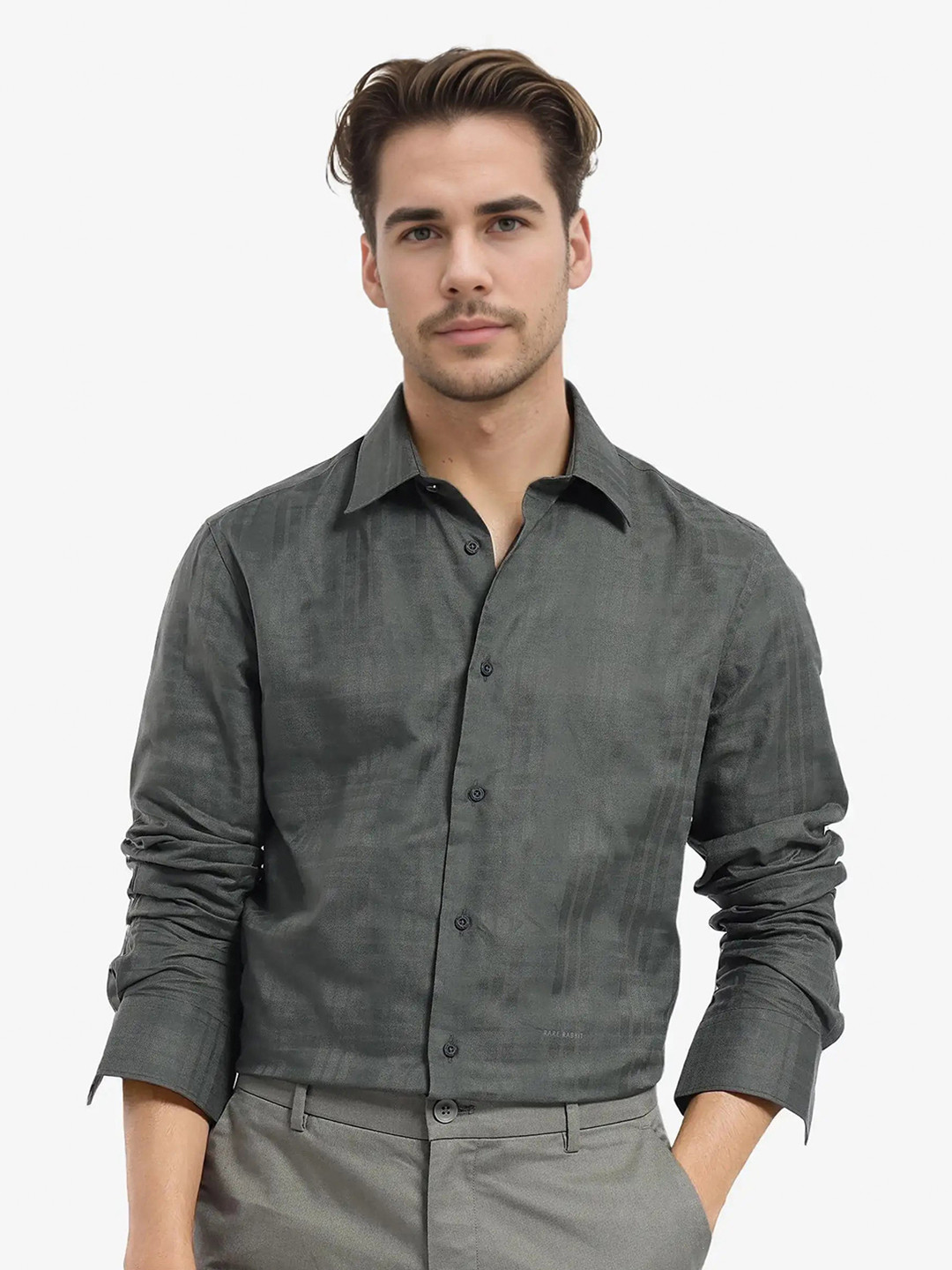 

RARE RABBIT Men Comfort Spread Collar Tartan Checked Cotton Casual Shirt, Grey