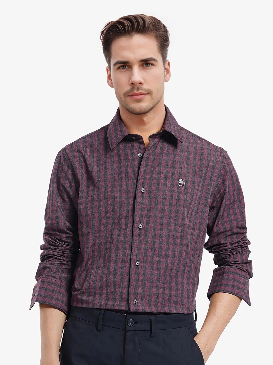 

RARE RABBIT Men Comfort Spread Collar Checked Cotton Casual Shirt, Maroon