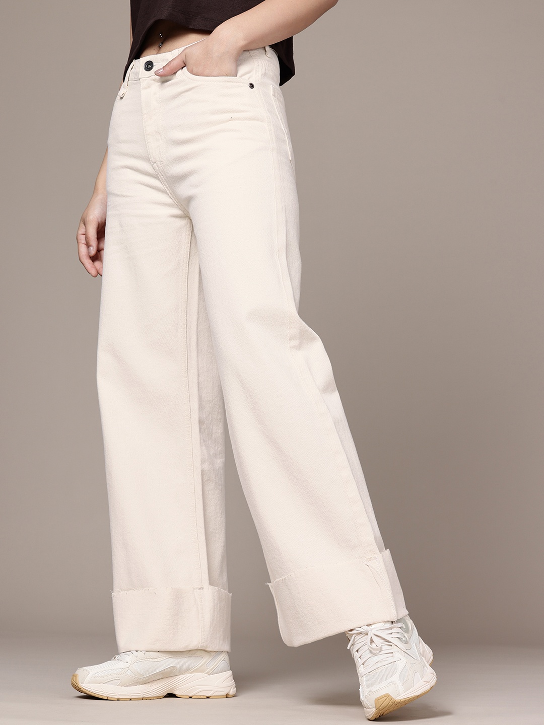 

The Roadster Life Co. Women Wide Leg High-Rise Pure Cotton Jeans, Off white
