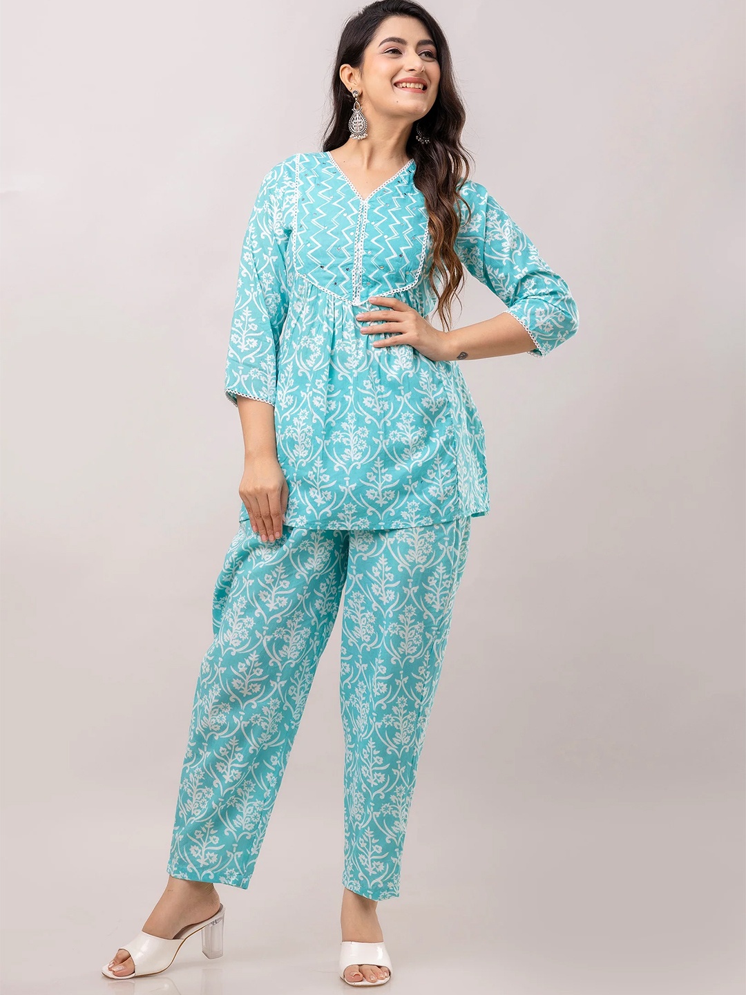

FrionKandy Floral Printed Pure Cotton Top With Trousers, Turquoise blue