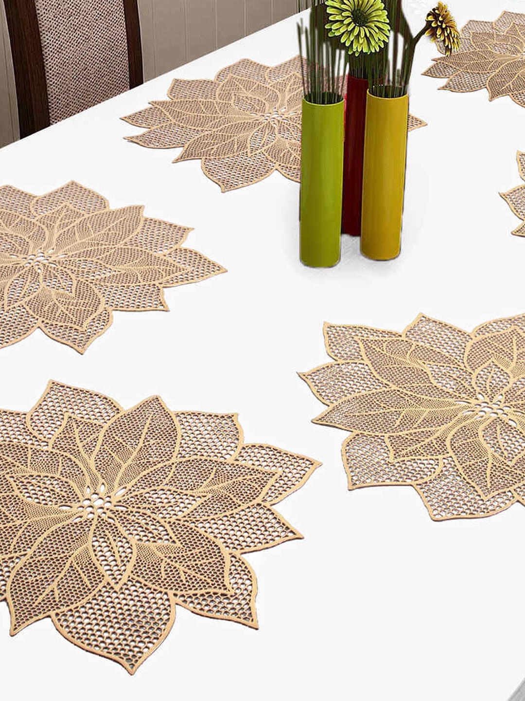 

TIED RIBBONS Gold Toned 6 Pieces Textured Floral Table Placemats