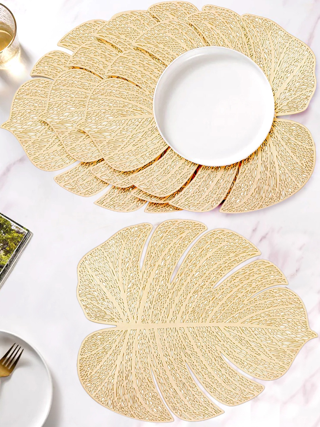 

TIED RIBBONS Gold Toned 4 Pieces Leaf Textured Table Placemats