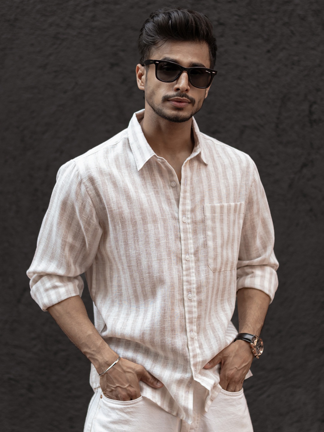 

Powerlook Men Spread Collar Vertical Striped Cotton Casual Shirt, Beige
