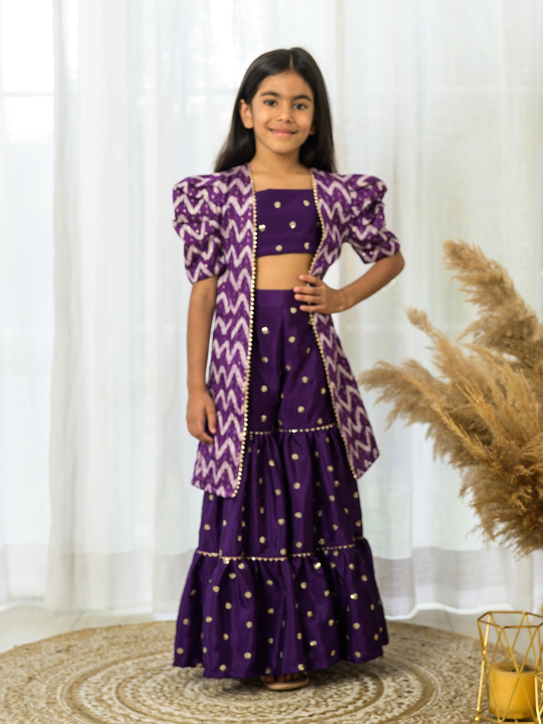 

Fairies Forever Floral Embroidered Sequined Top With Sharara & Jacket, Purple